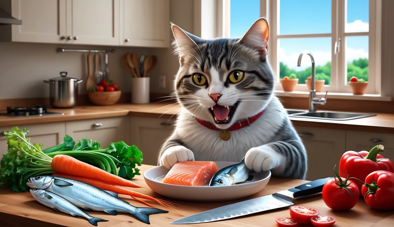 A happy cat eating raw fish and vegetables in a sunny kitchen