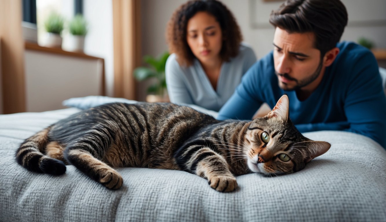 A cat lying on a cozy bed, with a concerned owner looking on as the cat exhibits signs of drowsiness and decreased appetite after receiving buprenex medication