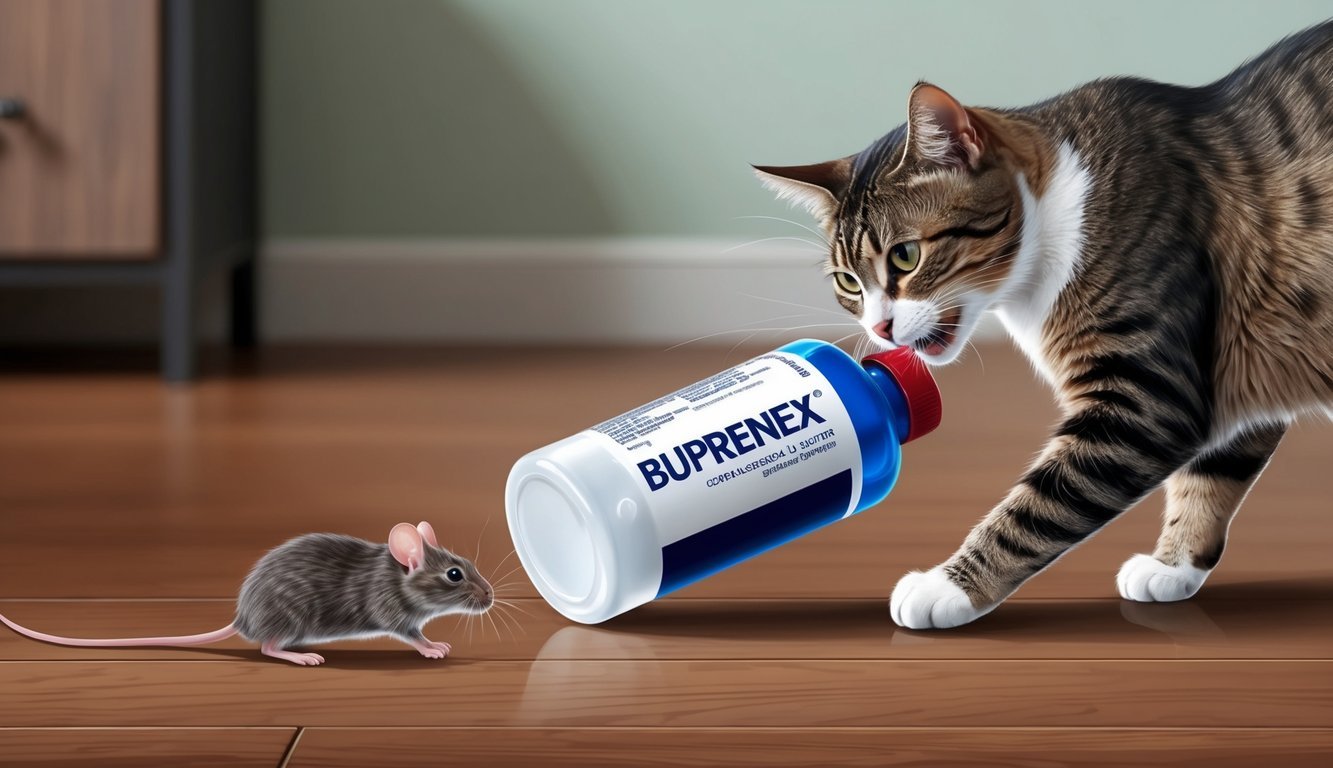 A cat knocking over a bottle of Buprenex while a mouse scampers nearby