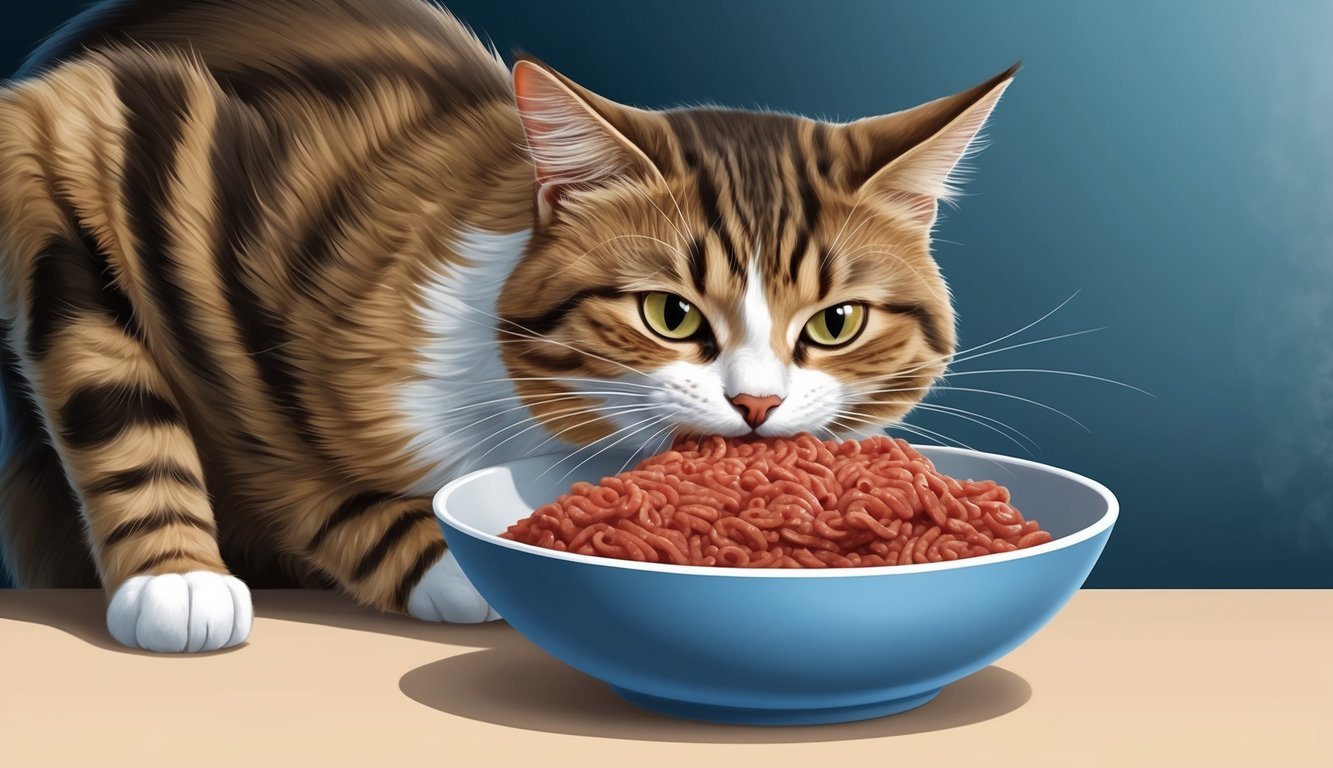 A cat eagerly eats a bowl of ground beef, looking content and healthy