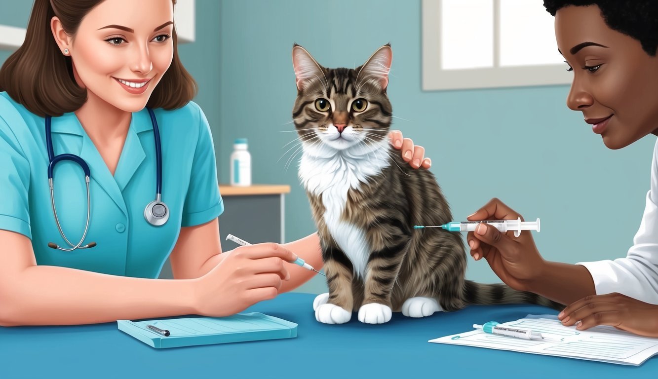 A cat receiving a buprenex injection at a veterinary clinic, with an owner observing and taking notes on care instructions