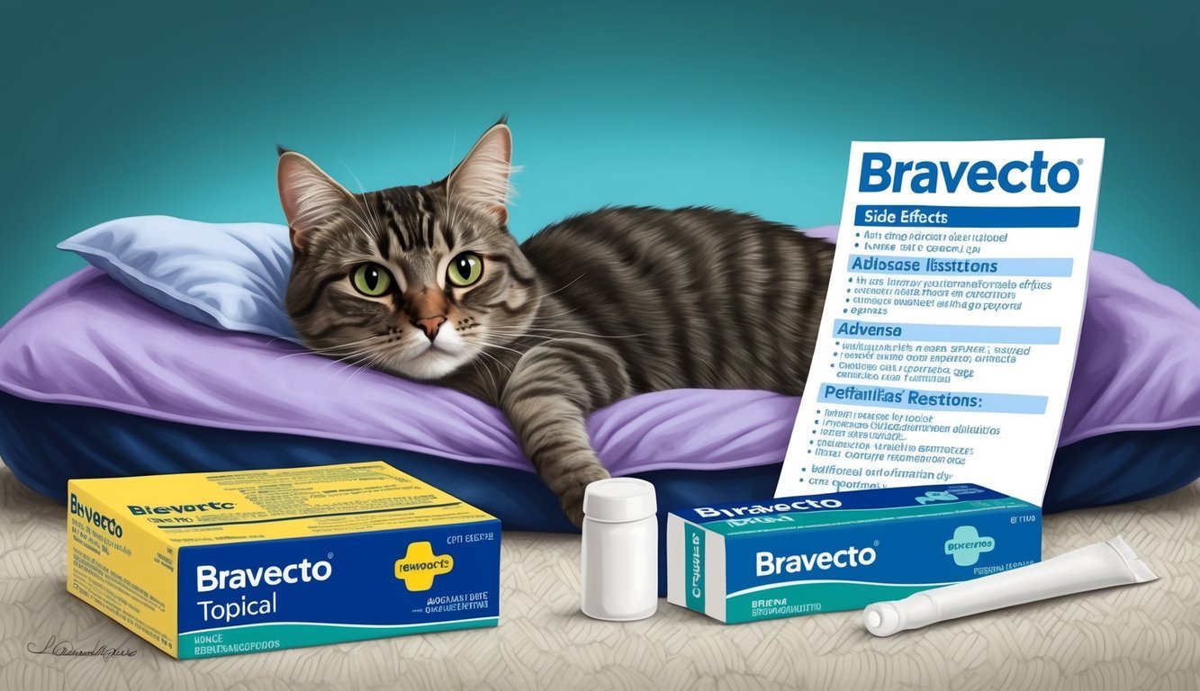 A cat lying on a cozy bed with a worried expression, surrounded by empty bravecto topical packaging and a list of potential side effects and adverse reactions