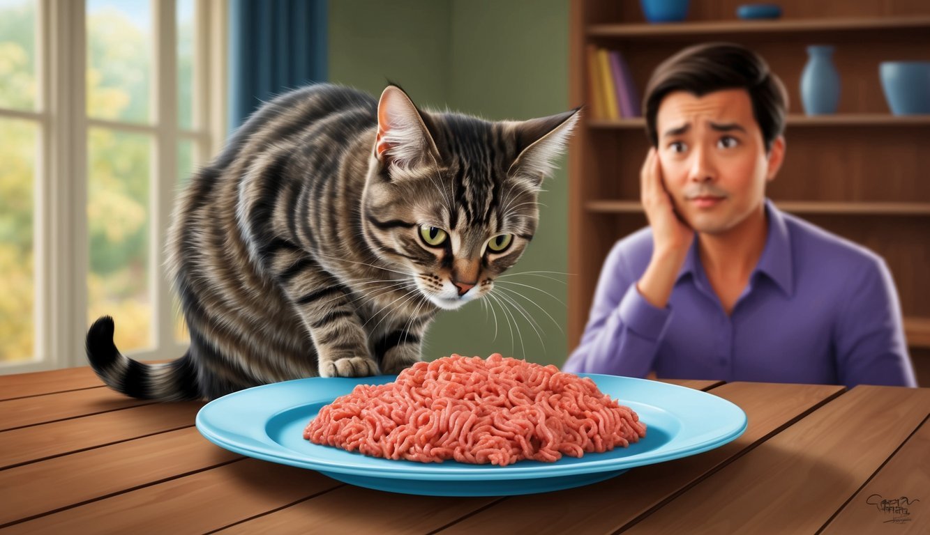 A cat cautiously sniffs at a plate of ground beef, while a concerned owner watches from a distance