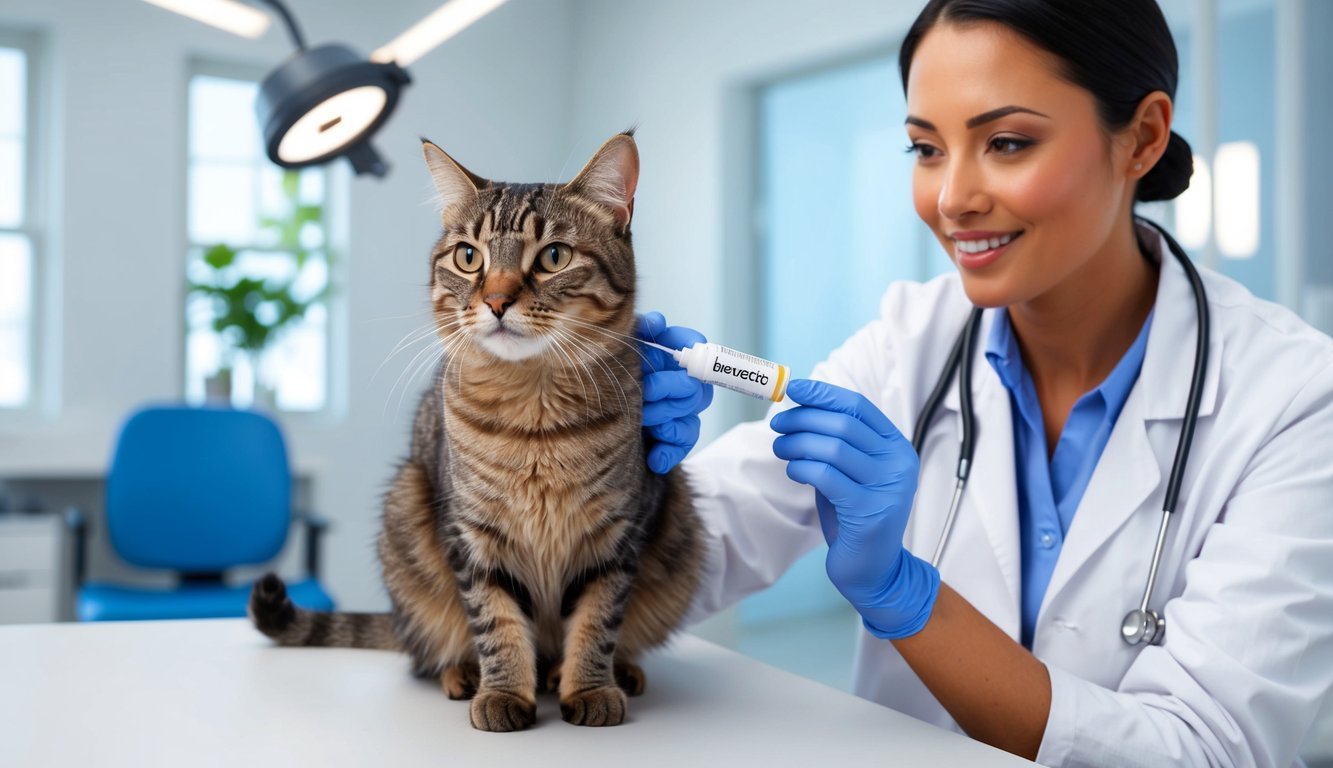 A cat receiving a topical application of Bravecto, with a vet overseeing the process in a clean and well-lit examination room