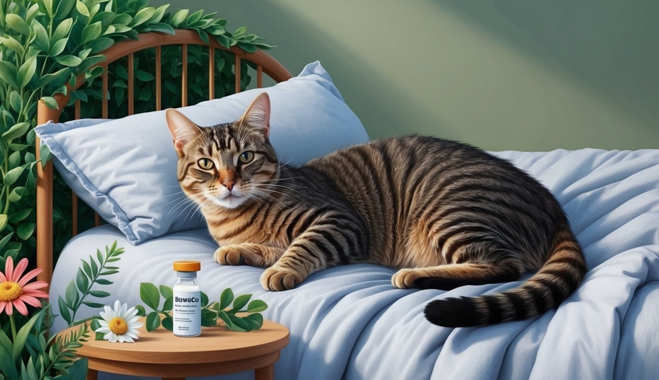 A cat lying on a cozy bed, with a small vial of Bravecto Topical nearby, surrounded by greenery and flowers