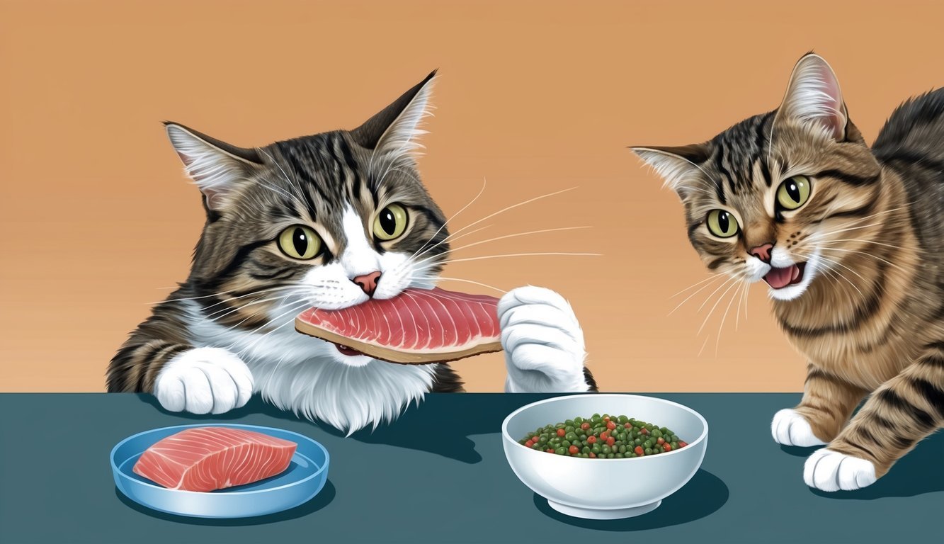 A cat eagerly eats a piece of raw tuna, while a bowl of supplementary nutrients sits nearby