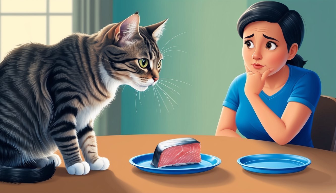 A curious cat sniffs a piece of raw tuna, while a concerned owner looks on, unsure if it's safe to feed their pet