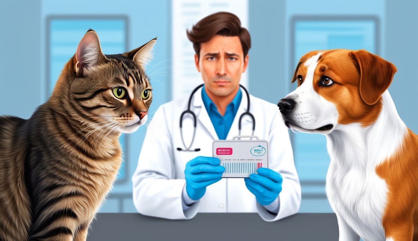 A cat and a dog face each other, with a veterinarian in the background holding a diagnostic test kit.</p><p>The cat looks sick and the dog appears concerned