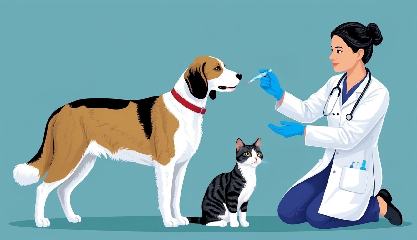 A cat and a dog stand side by side, with a veterinarian administering a vaccination to the dog.</p><p>The cat looks on curiously, as the veterinarian explains the importance of prevention against parvo