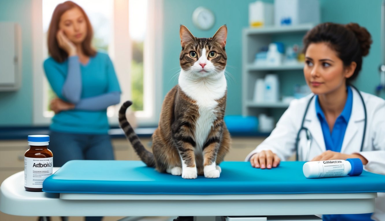 A cat sitting on a veterinarian's examination table, with a bottle of antibiotics and a concerned owner in the background