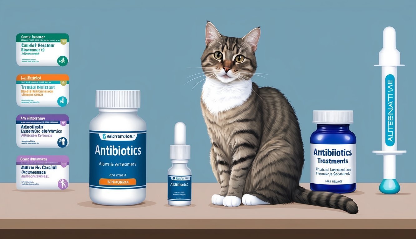 A cat sitting next to a bottle of antibiotics, with various alternative treatments displayed nearby