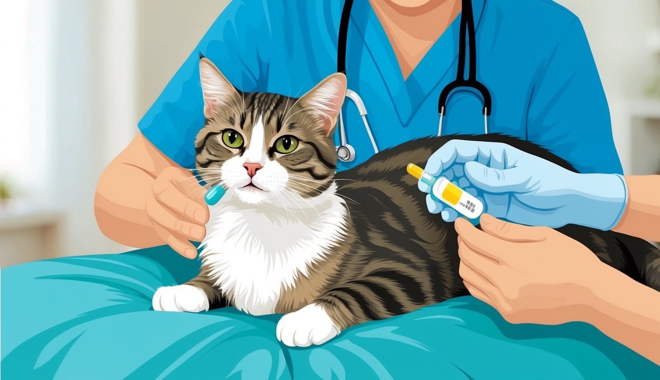 A cat receiving medication from a veterinarian, with a pill or liquid being administered by the vet.</p><p>The cat may be shown in a comforting or reassuring environment