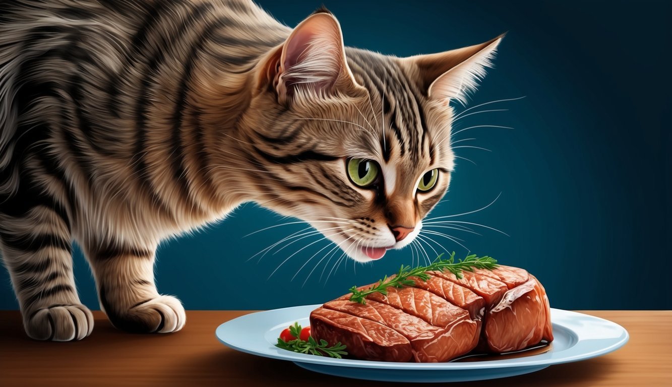 A curious cat sniffing at a plate of cooked meat, with a questioning expression on its face