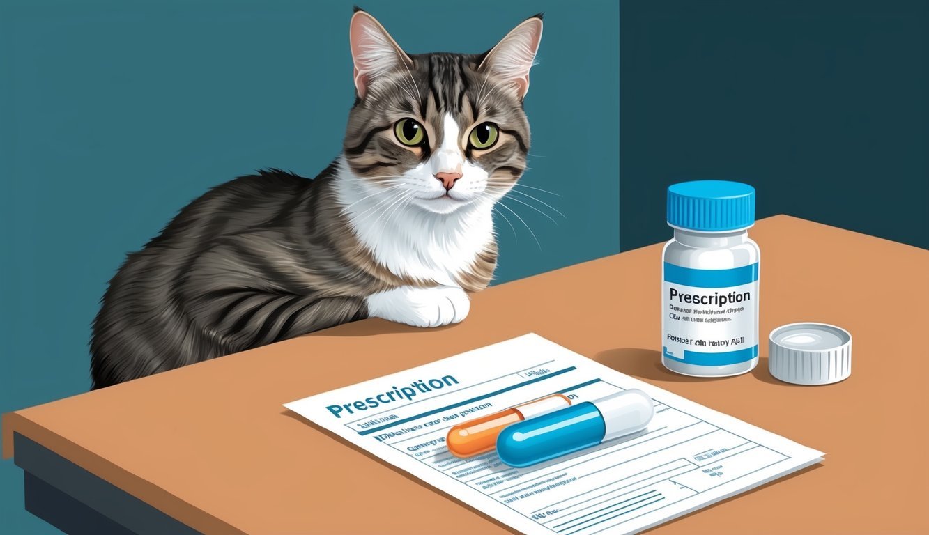 A cat sitting on a table with a pill bottle and a prescription paper next to it