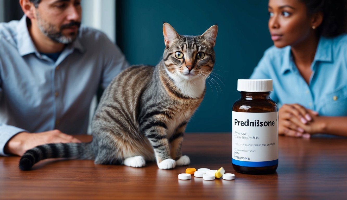 A cat sitting next to an open bottle of prednisone, with a concerned owner looking at it