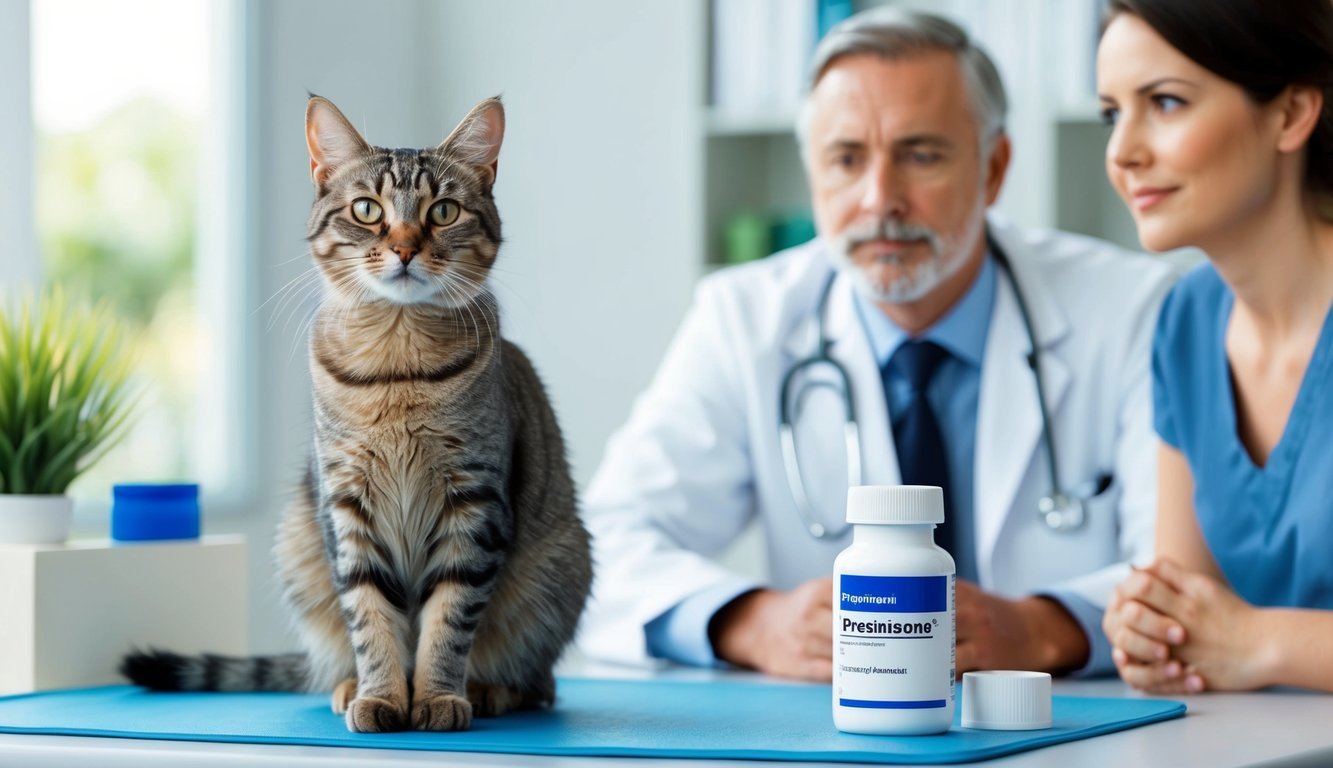 A cat sitting on a veterinarian's table, with a prescription bottle of prednisone and a concerned owner in the background