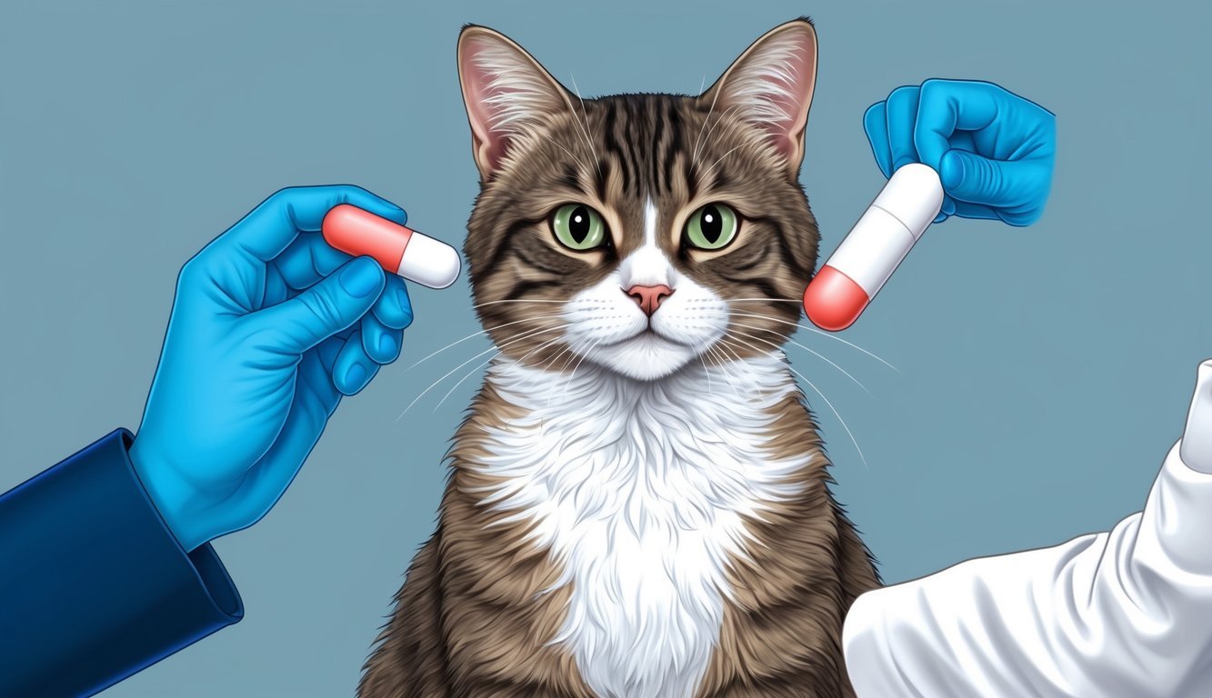 A cat receiving a prednisone pill from a veterinarian