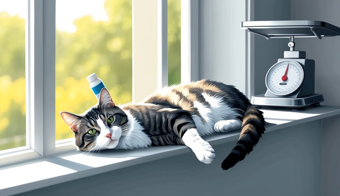 A cat lounging on a sunny windowsill, with a bottle of prednisone and a set of weighing scales in the background