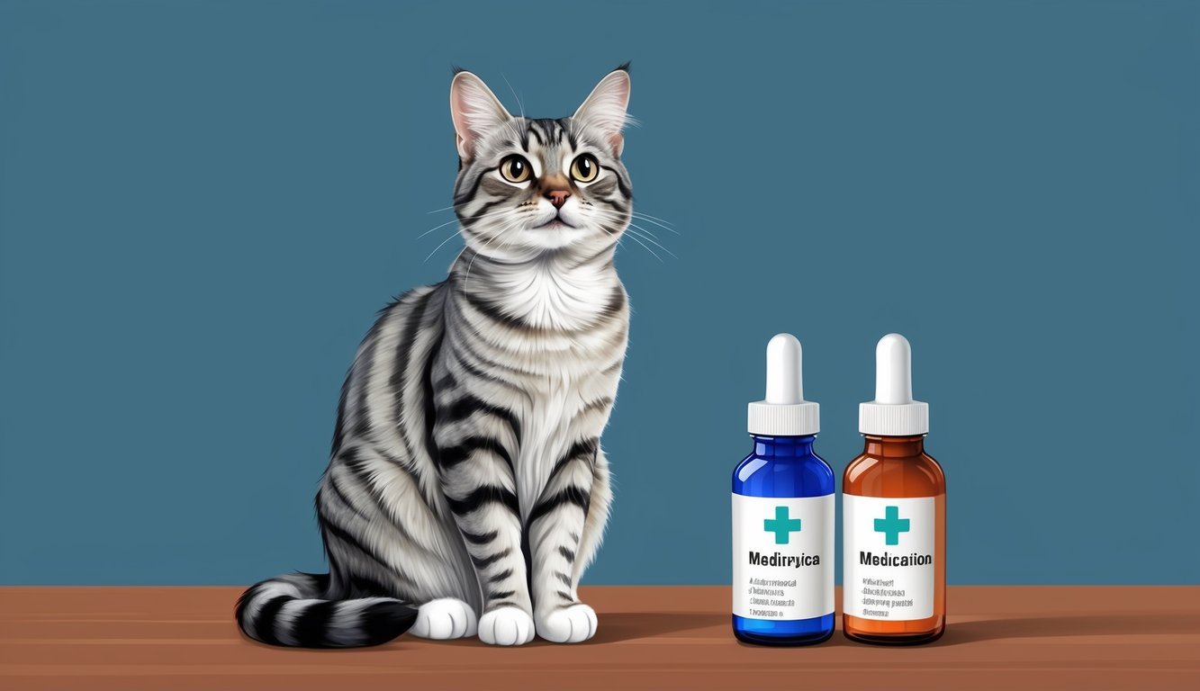 A cat sitting next to two different bottles of medication, with a thoughtful expression, considering the options