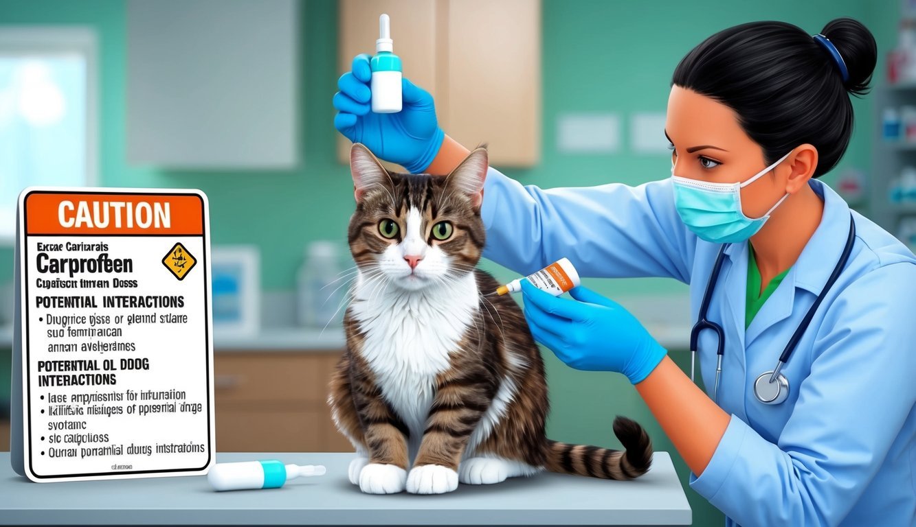 A cat receiving a dose of carprofen from a veterinarian, with caution signs and a list of potential drug interactions nearby