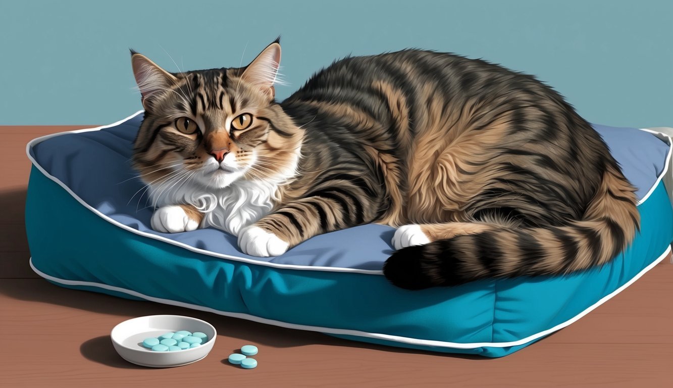 A senior cat lying comfortably on a cushioned bed, with a small dish of carprofen medication nearby