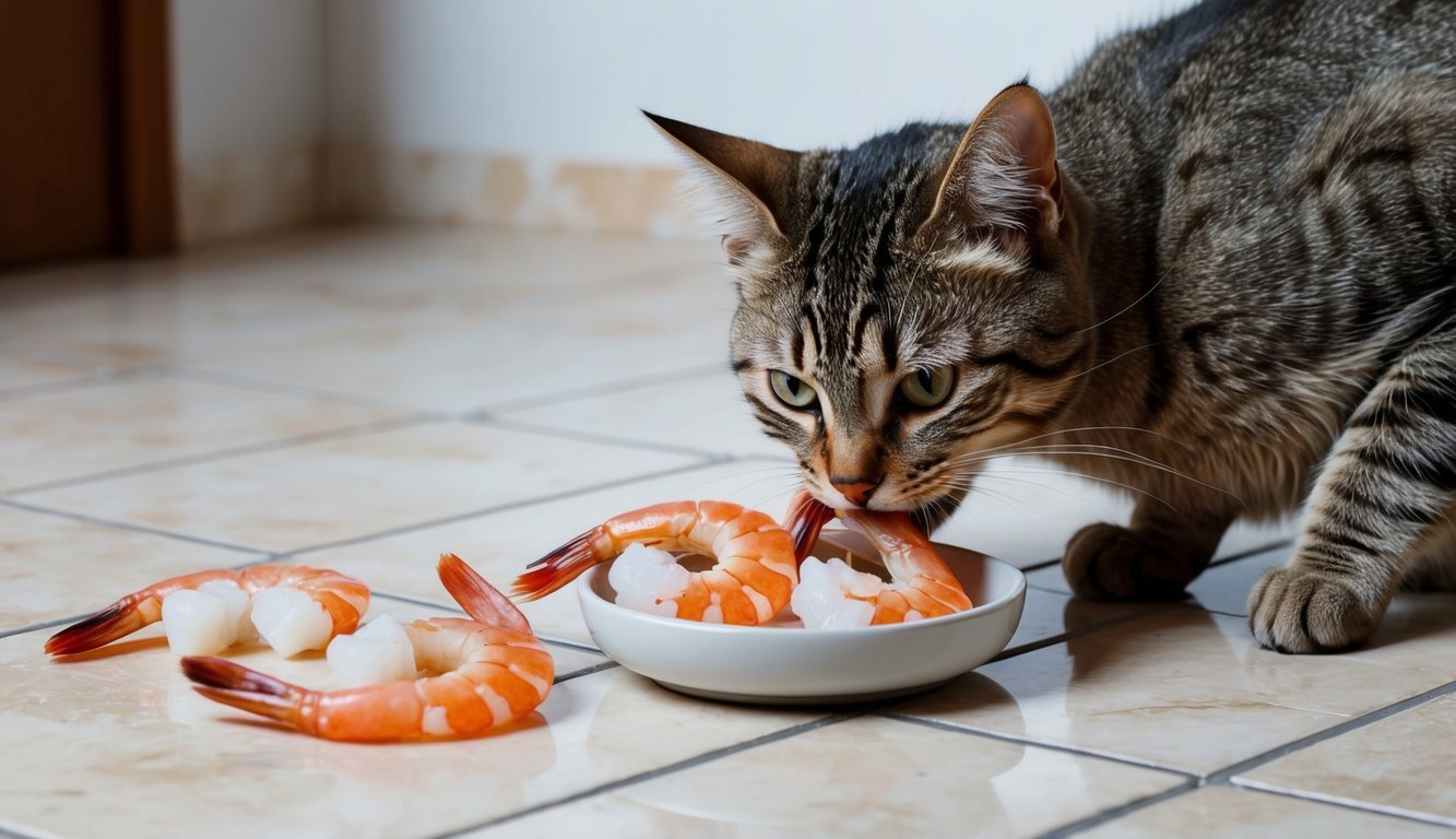 A cat eagerly eats raw shrimp from a small dish on a tiled floor