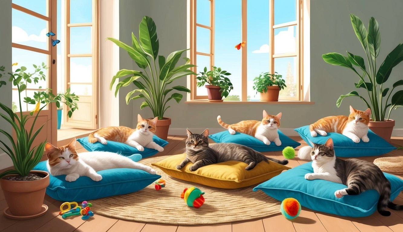 Carefree cats lounging in sunlit room with open windows and potted plants, playing with toys and napping on cozy cushions