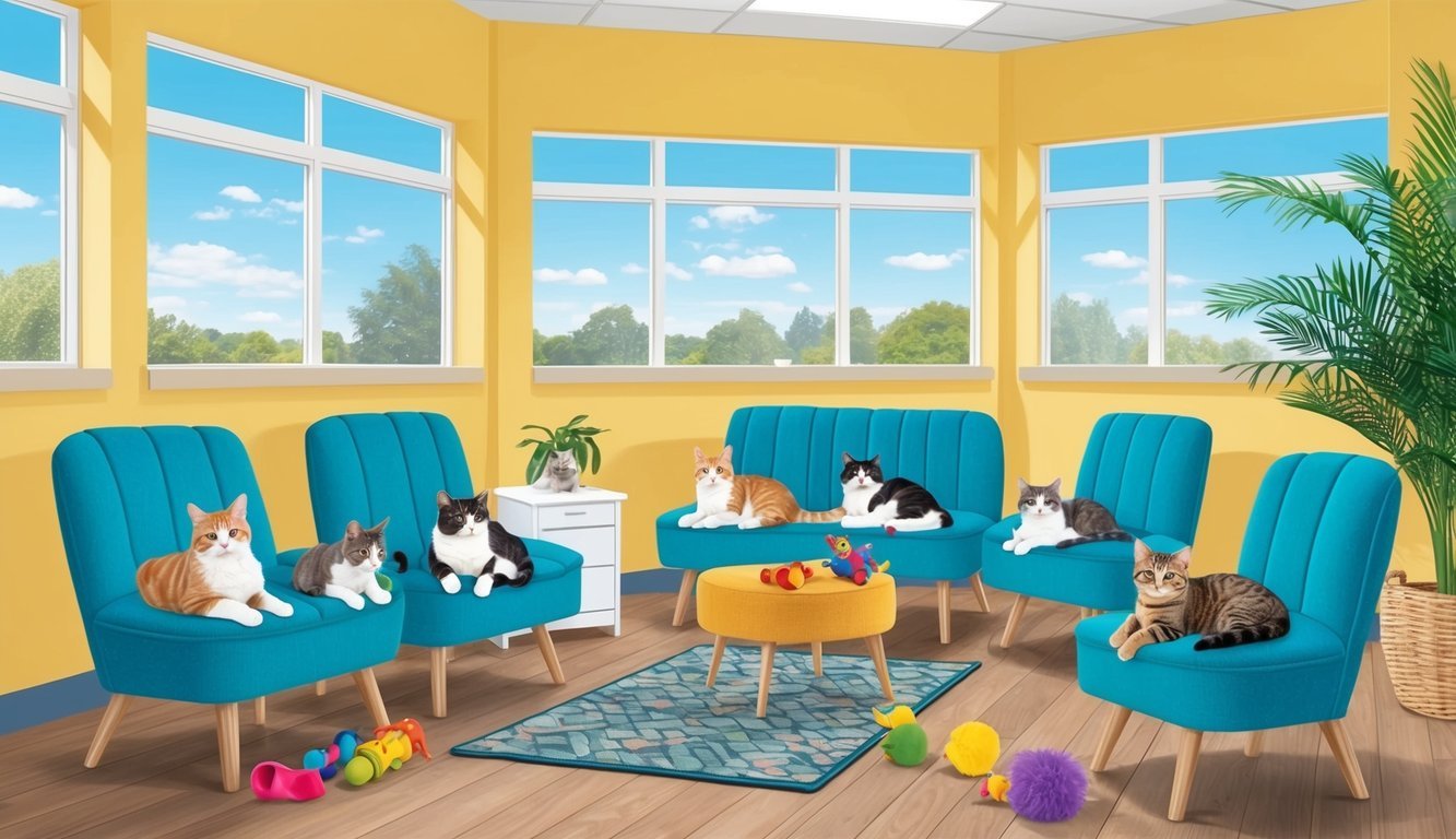 A sunny waiting room at Carefree Cats Veterinary Hospital, with cats lounging on cozy chairs and playing with toys