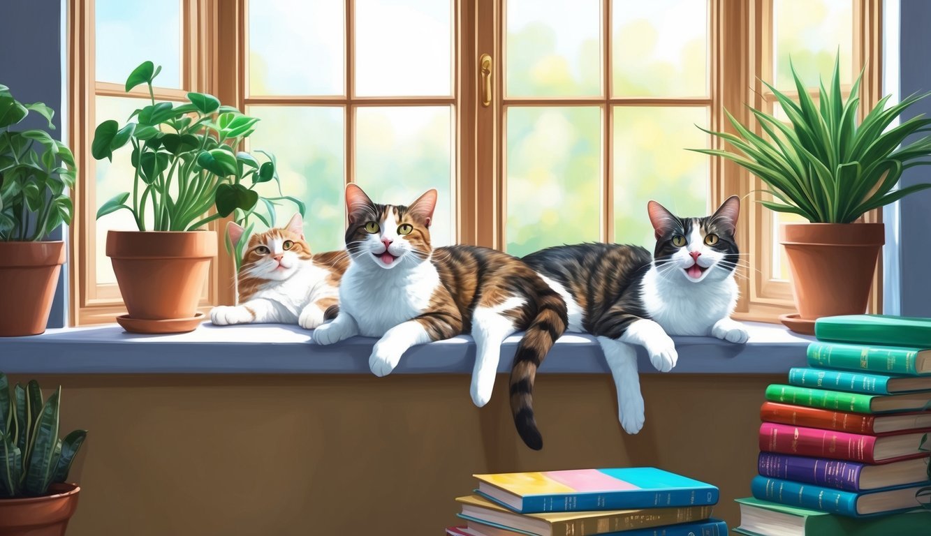 Two carefree cats lounging on a sunny windowsill, surrounded by potted plants and a stack of colorful books