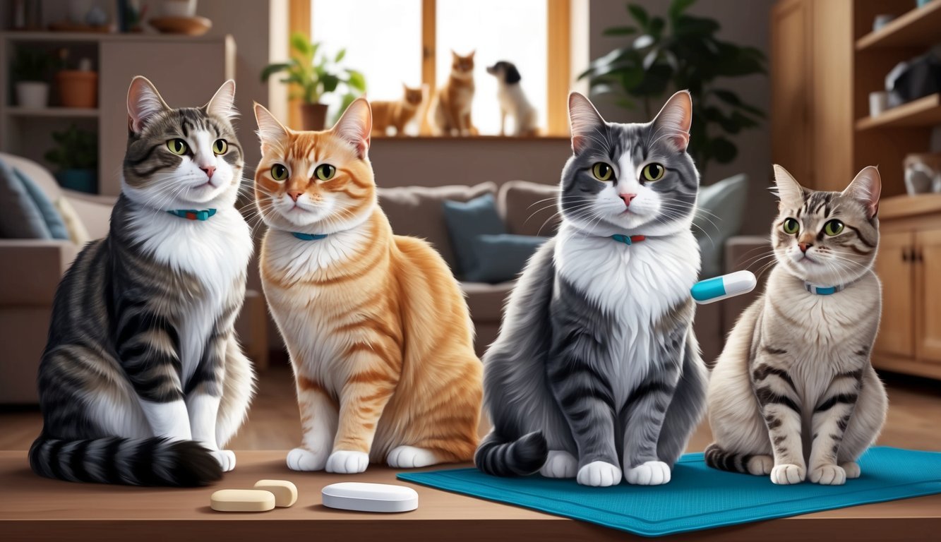 Several cats peacefully coexist in a cozy household, with a variety of pets in the background.</p><p>A cat is shown taking a Cerenia tablet