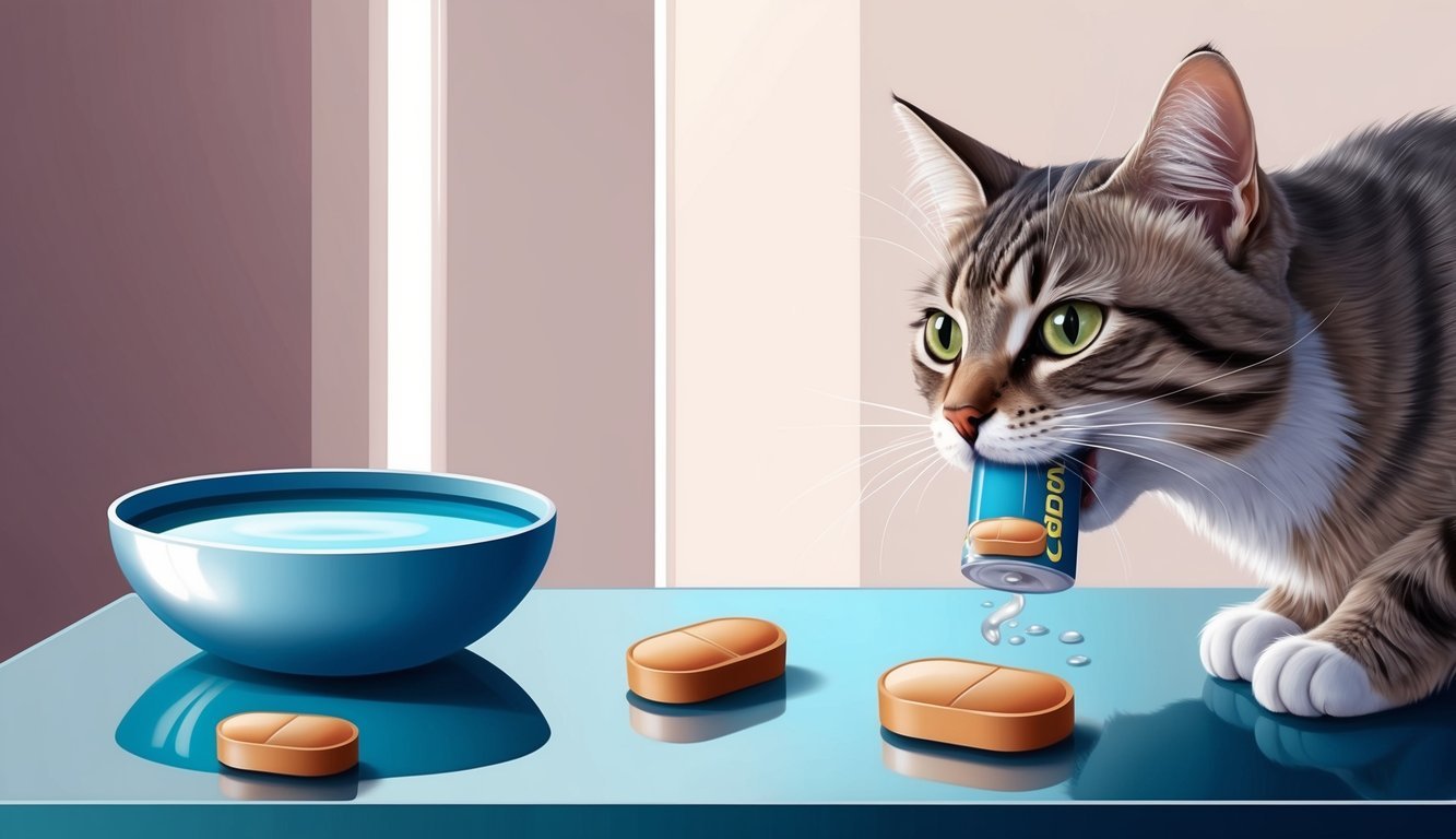 A cat eating a cerenia tablet, with a bowl of water nearby