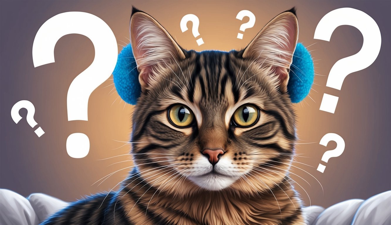 A cat with warm ears surrounded by question marks