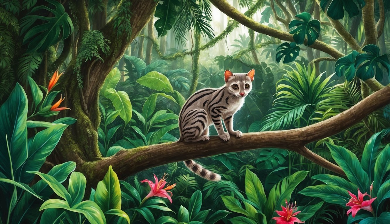 A dense tropical forest with a civet cat perched on a tree branch, surrounded by lush green foliage and vibrant flowers