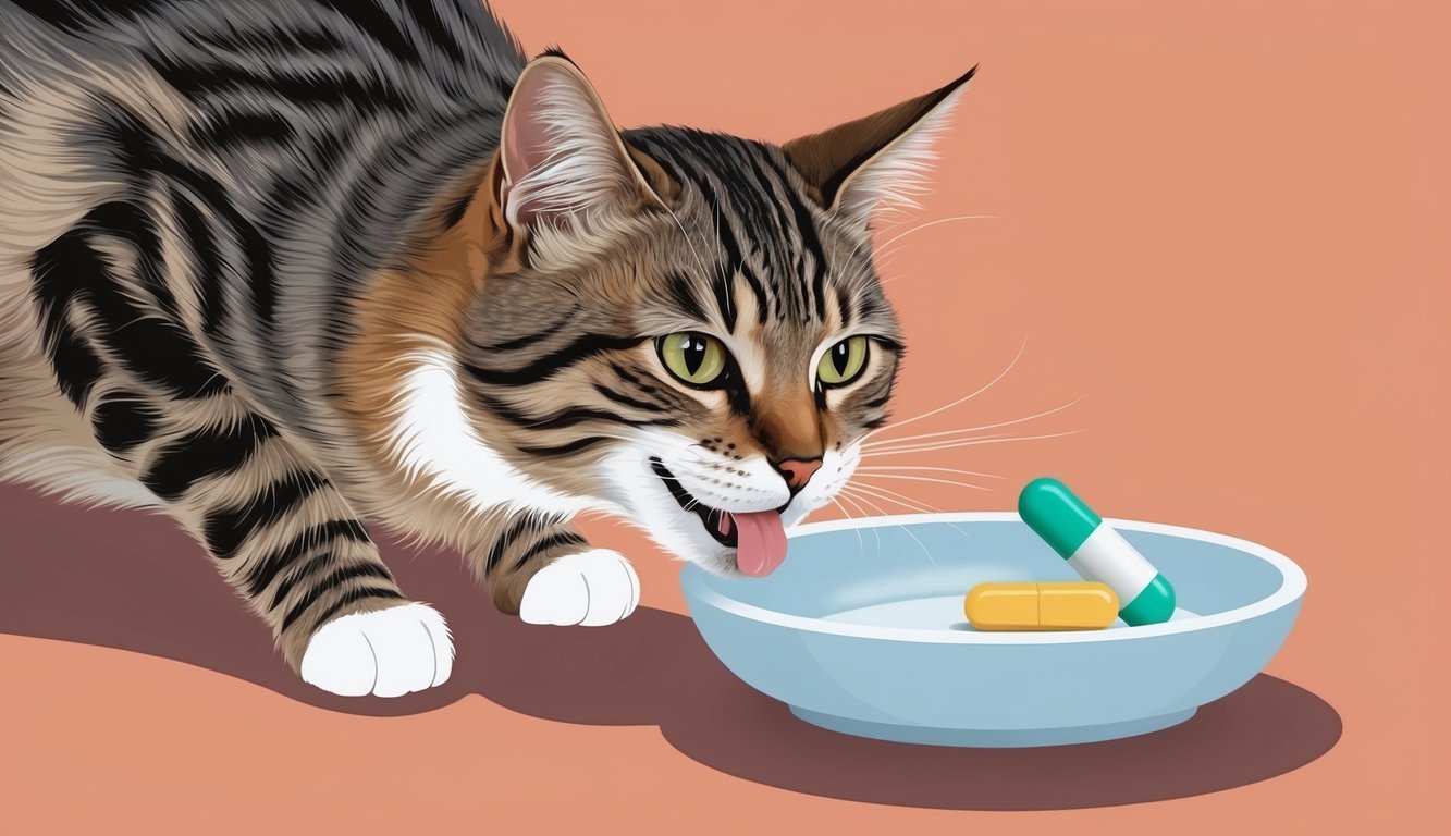 Cat with tongue out looking at pills in a blue bowl