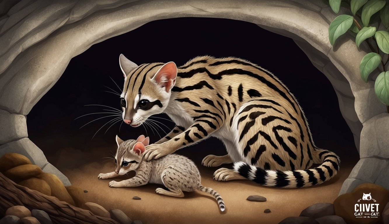 A mother civet cat nursing her young in a cozy den