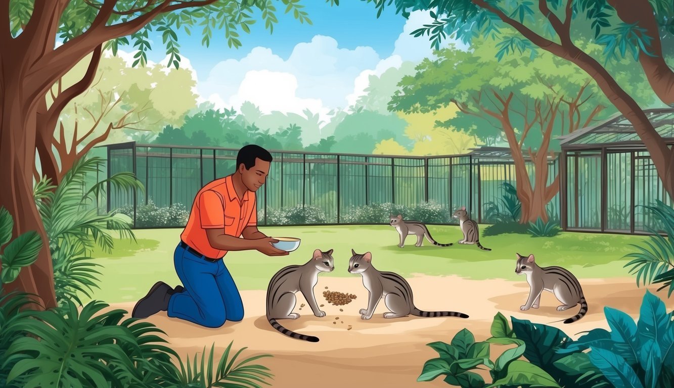 A caretaker feeding civet cats in a spacious, natural enclosure with trees and foliage