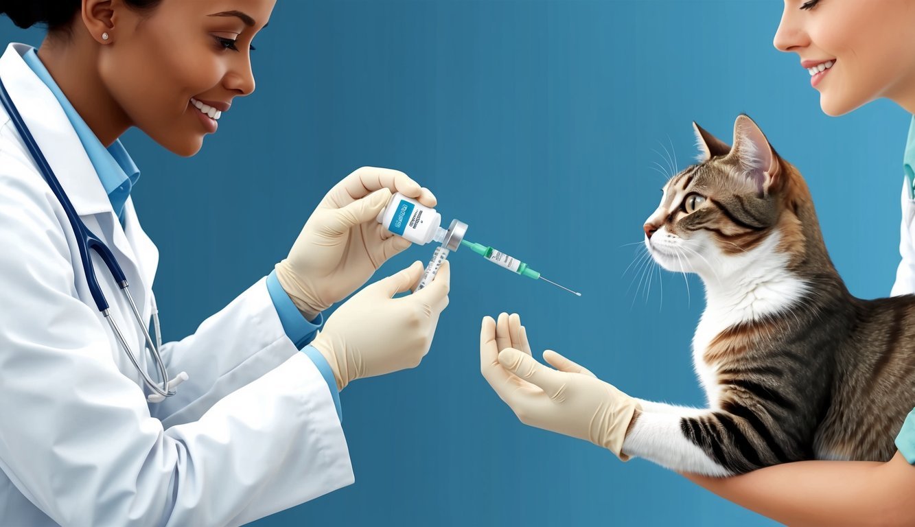 A veterinarian administering Clavamox to a cat with a syringe, while the cat is held gently by a veterinary assistant