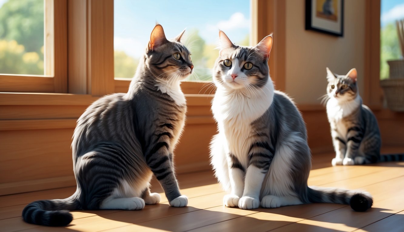 Two cats with FIV sit in a sunny room.</p><p>One cat grooms the other, while a third cat watches from a distance