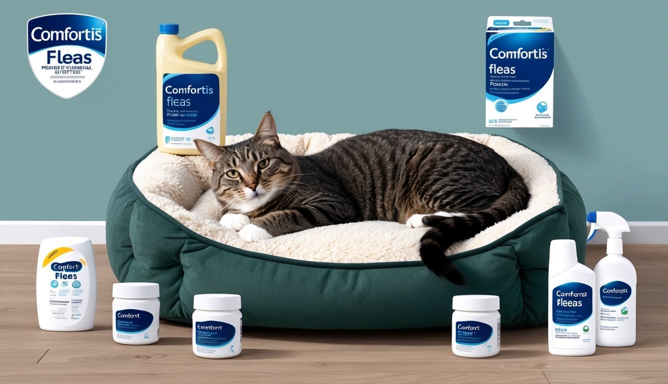 A cat lounging contentedly on a plush bed, surrounded by various treatment options for fleas, with Comfortis prominently displayed