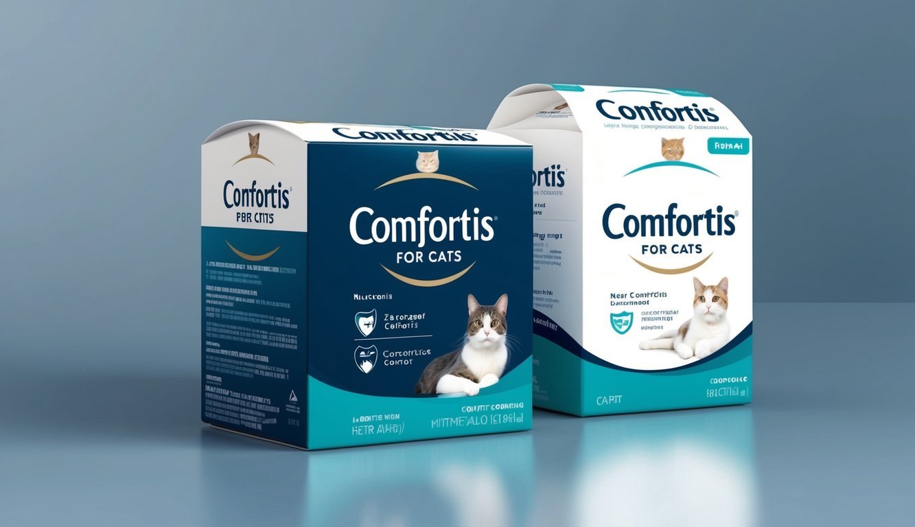 A sleek, modern packaging of Comfortis for Cats with the manufacturer's information displayed prominently