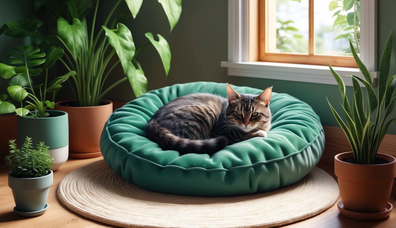 A cozy cat curled up on a soft, green cushion surrounded by potted plants and natural light streaming in through a window