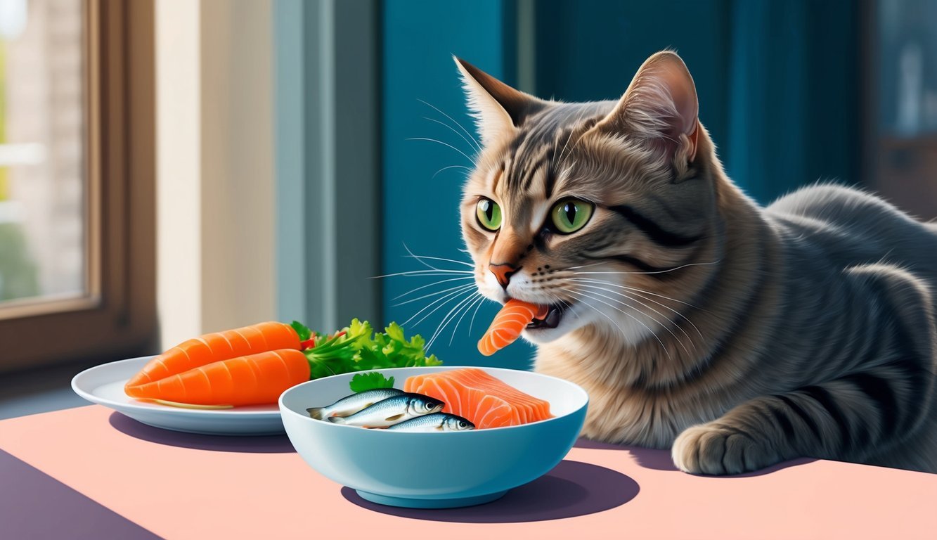 A cat with FIV eating a balanced diet of fish and vegetables from a bowl