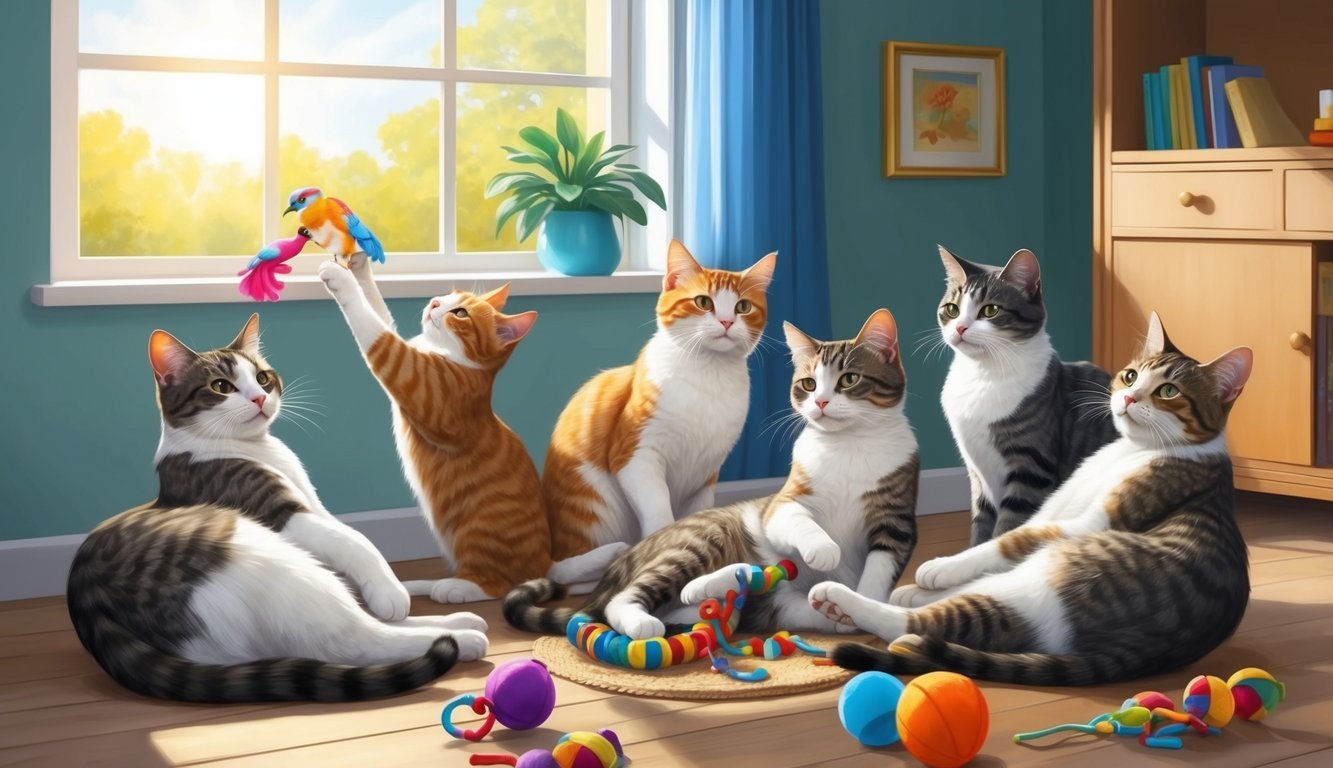 A group of cats with FIV lounging in a sunlit room, playing with toys and grooming each other