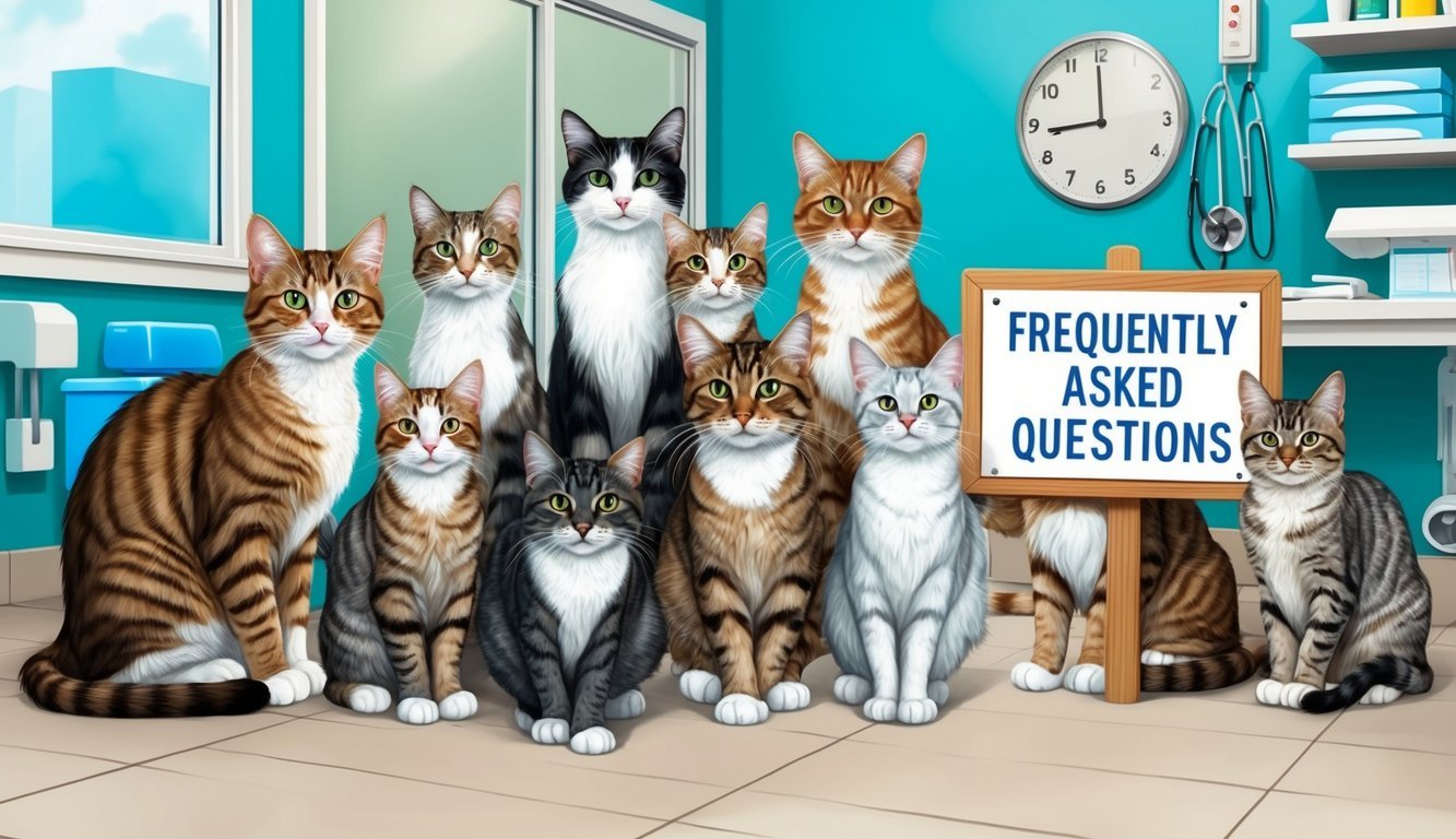 A group of cats with FIV gathered around a sign labeled "Frequently Asked Questions" in a veterinary clinic