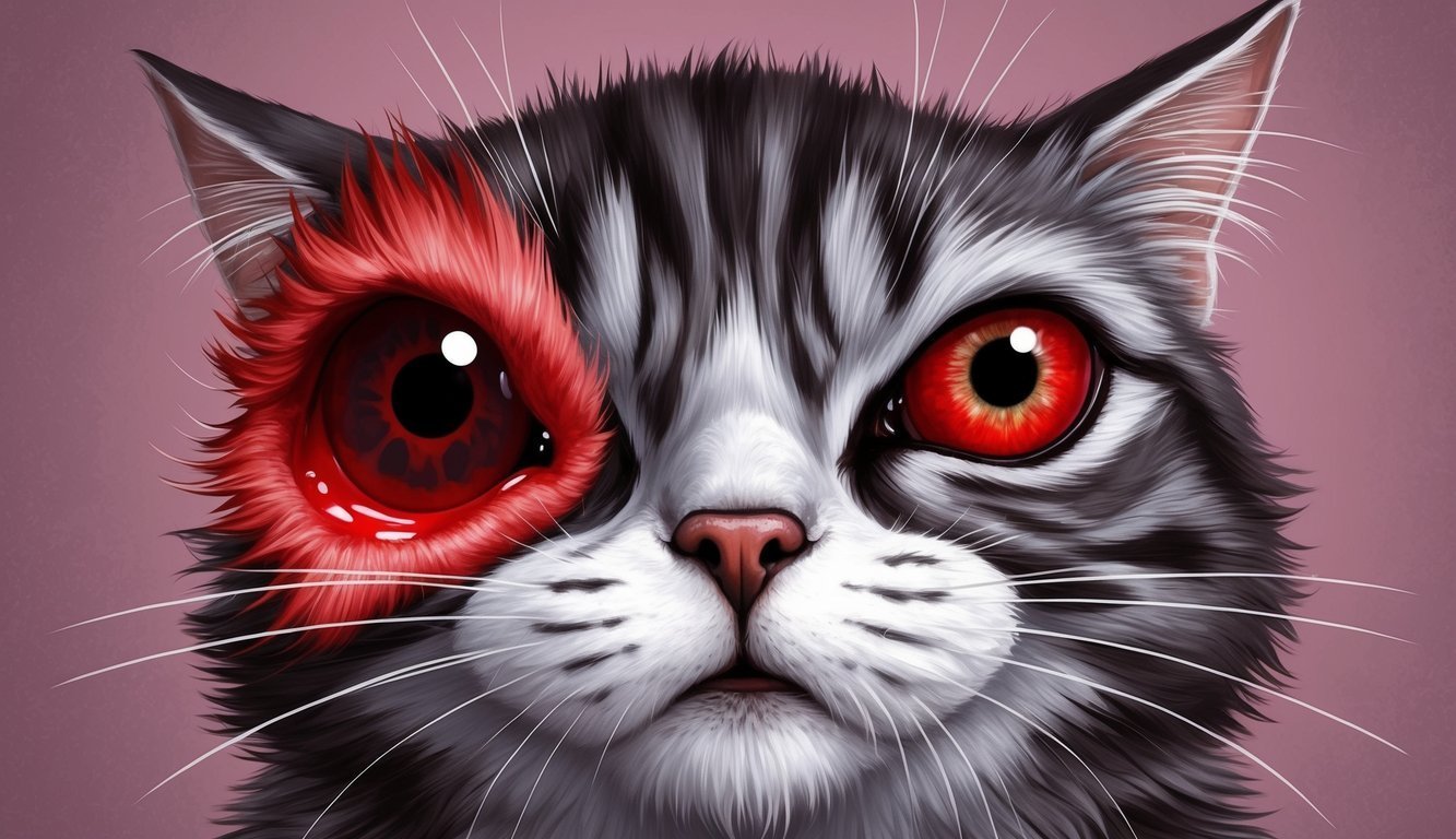 Close-up of a cat's face with red eyes and fur, digital art