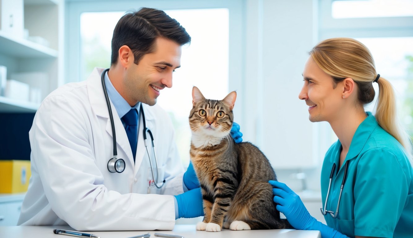 A cat with a visible cherry eye being gently examined by a veterinarian in a bright, clean examination room