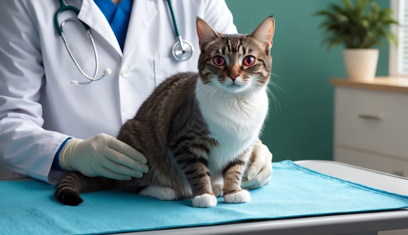 A cat with cherry eye sits calmly while being monitored by a veterinarian