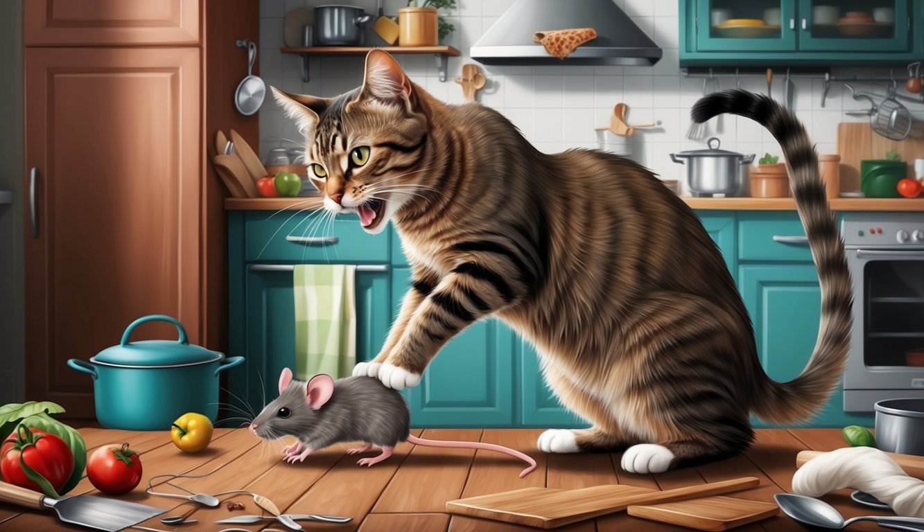 A cat pouncing on a mouse in a cluttered kitchen