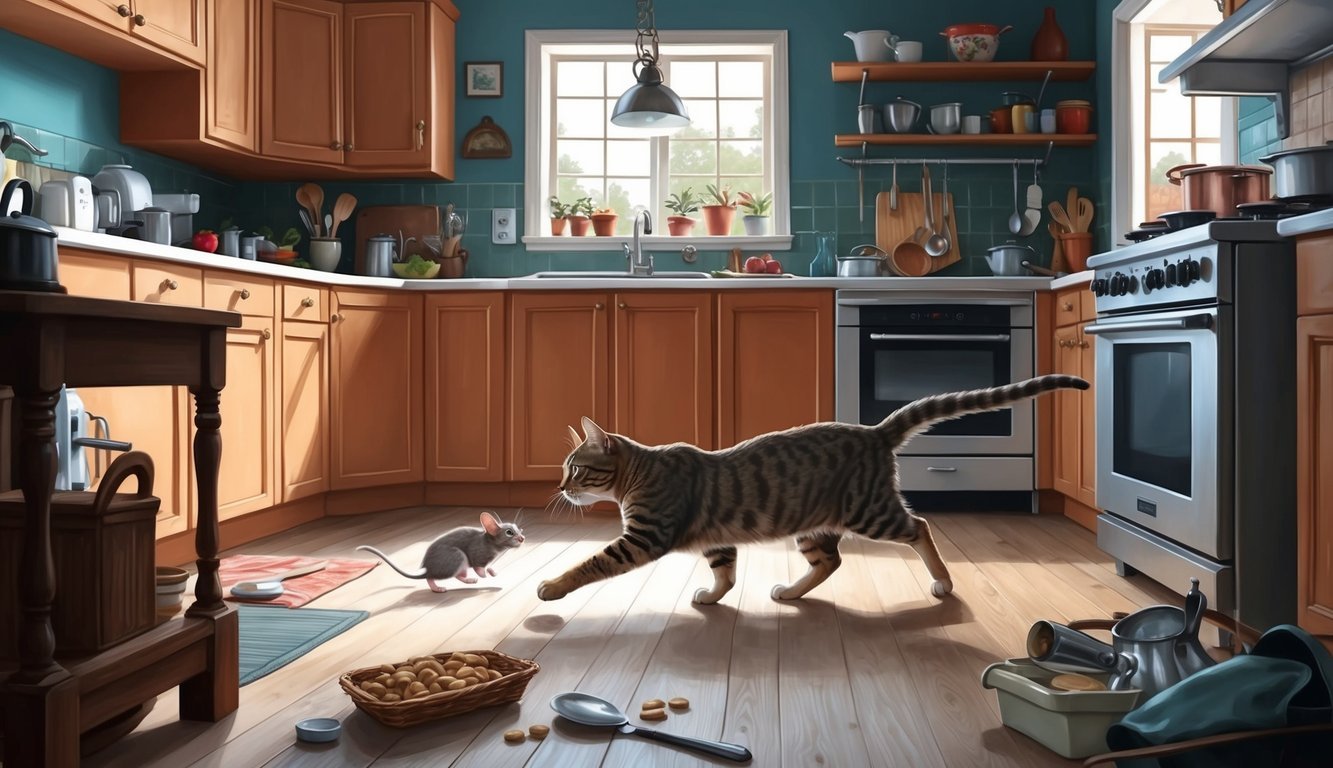 A cat chasing a mouse through a cluttered kitchen