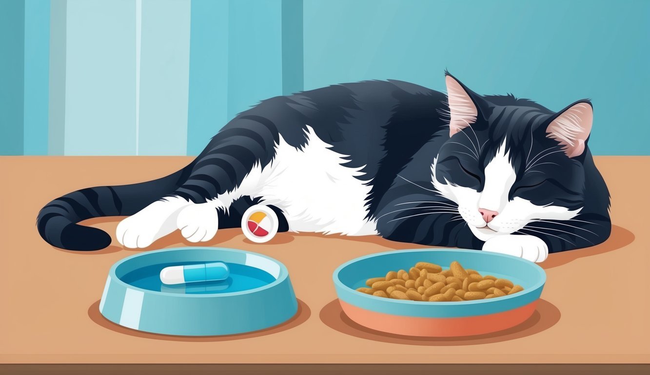 A cat peacefully resting while a drontal pill is placed next to a bowl of food and water